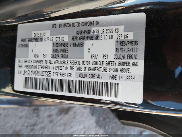 Aukcja sprzedaży 2021 Mazda Mazda6 Touring, vin: JM1GL1VM7M1607925, numer aukcji: 44455991