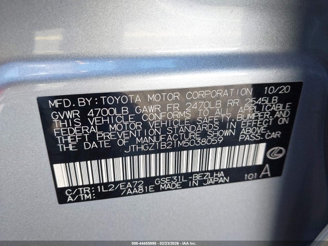 2021 Lexus Is 350 F Sport მანქანა იყიდება აუქციონზე, vin: JTHGZ1B21M5038059, აუქციონის ნომერი: 44455998