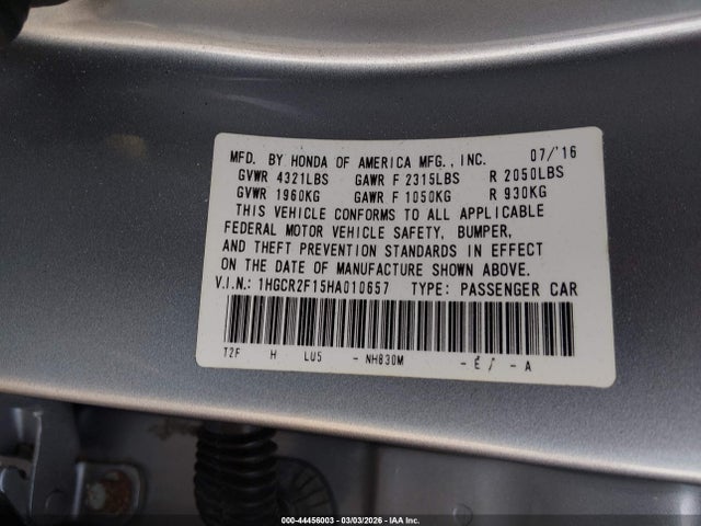 44456003 :رقم المزاد ، 1HGCR2F15HA010657 vin ، 2017 Honda Accord Sport Se مزاد بيع