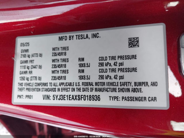 Продажа на аукционе авто 2025 Tesla Model 3 Long Range Rear-wheel Drive/standard Rear-wheel Drive, vin: 5YJ3E1EAXSF018936, номер лота: 44456015