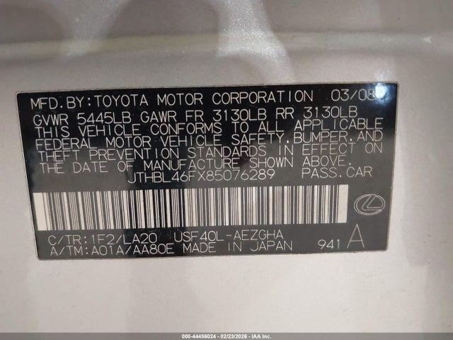 44456024 :رقم المزاد ، JTHBL46FX85076289 vin ، 2008 Lexus Ls 460 مزاد بيع