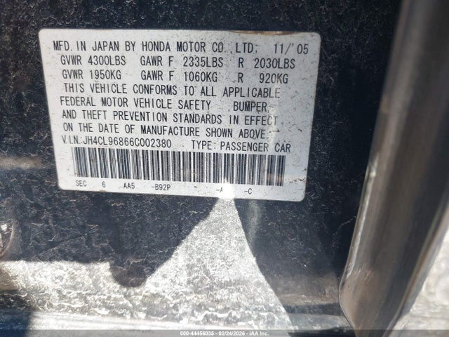 44456035 :رقم المزاد ، JH4CL96866C002380 vin ، 2006 Acura Tsx مزاد بيع