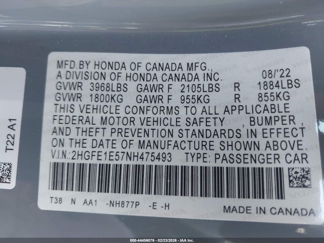 2HGFE1E57NH475493 Honda CIVIC SI SEDAN