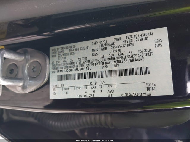 Aukcja sprzedaży 2021 Ford Escape Se, vin: 1FMCU0G69MUB01530, numer aukcji: 44456081