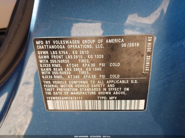 2019 VOLKSWAGEN ATLAS 1V2WR2CA6KC572111 Photo 8