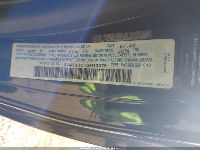 Продаж на аукціоні авто 2001 Volkswagen New Beetle Glx, vin: 3VWDC21C71M413378, номер лоту: 44456104