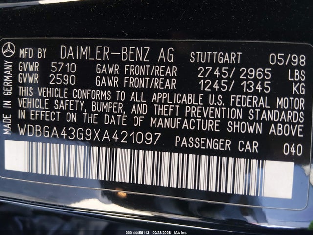 44456113 :رقم المزاد ، WDBGA43G9XA421097 vin ، 1999 Mercedes-benz S 420 مزاد بيع