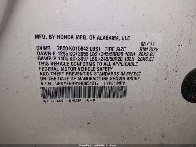 2017 Honda Pilot Touring მანქანა იყიდება აუქციონზე, vin: 5FNYF6H91HB054217, აუქციონის ნომერი: 44456141