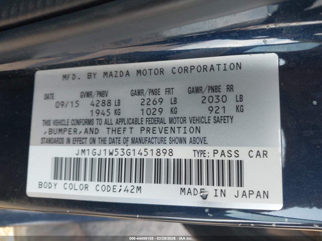 44456155 :رقم المزاد ، JM1GJ1W53G1451898 vin ، 2016 Mazda Mazda6 I Grand Touring مزاد بيع
