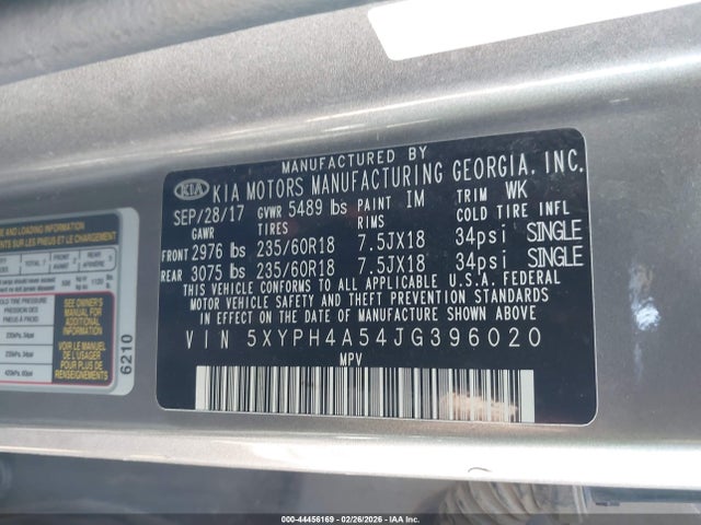 Продажа на аукционе авто 2018 Kia Sorento 3.3l Ex, vin: 5XYPH4A54JG396020, номер лота: 44456169