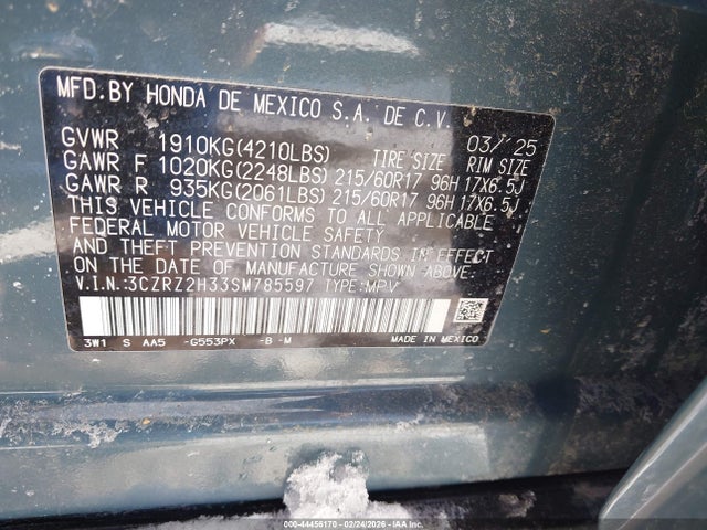 2025 Honda Hr-v Awd Lx მანქანა იყიდება აუქციონზე, vin: 3CZRZ2H33SM785597, აუქციონის ნომერი: 44456170