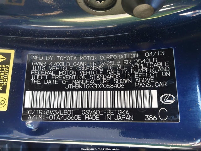 Aukcja sprzedaży 2013 Lexus Es 350, vin: JTHBK1GG2D2058406, numer aukcji: 44456187