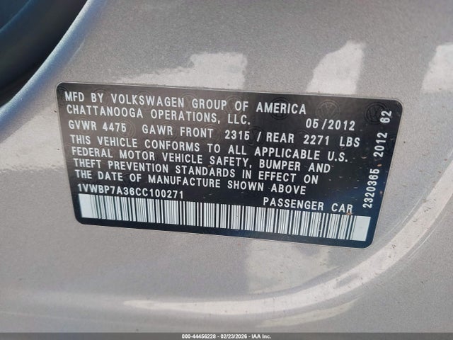 44456228 :رقم المزاد ، 1VWBP7A36CC100271 vin ، 2012 Volkswagen Passat 2.5l Se مزاد بيع