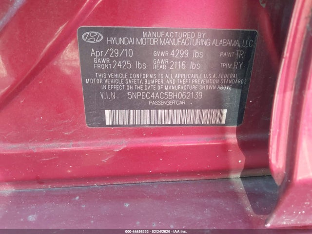 44456233 :رقم المزاد ، 5NPEC4AC5BH062139 vin ، 2011 Hyundai Sonata Se مزاد بيع