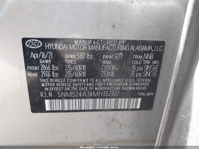 5NMS24AJ4MH357317 Hyundai Santa Fe Sel
