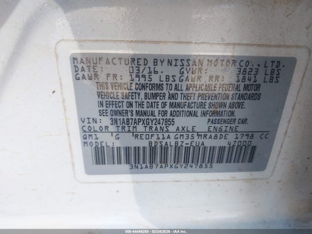 3N1AB7APXGY247855 Nissan Sentra Fe+ S/s/sl/sr/sv