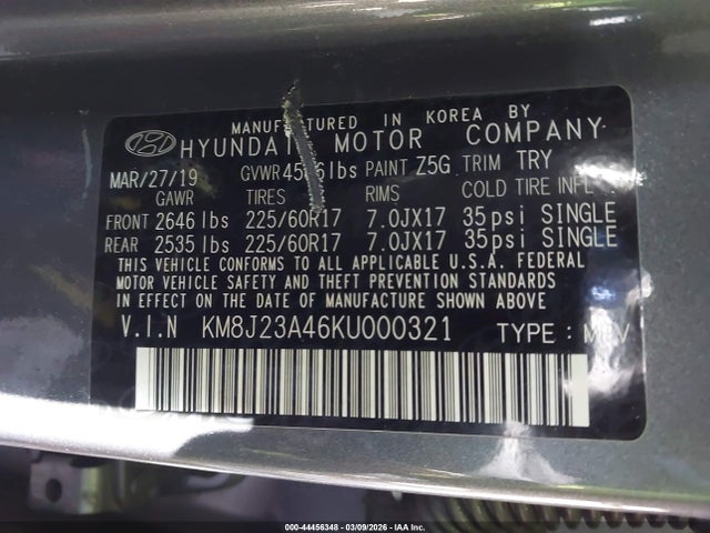 Aukcja sprzedaży 2019 Hyundai Tucson Se, vin: KM8J23A46KU000321, numer aukcji: 44456348