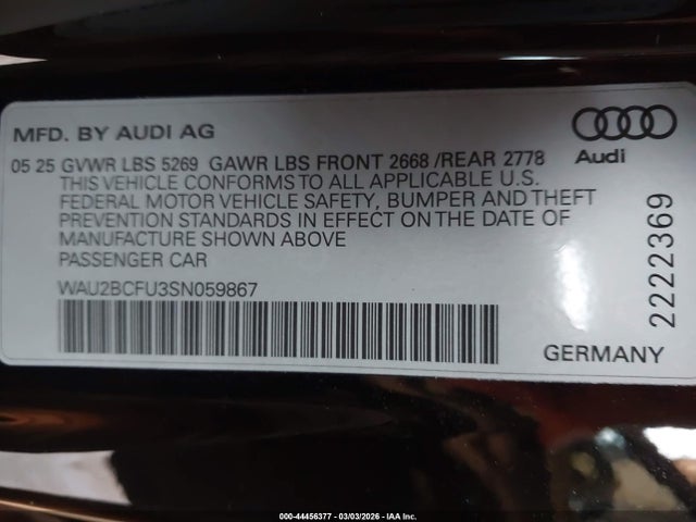 Продаж на аукціоні авто 2025 Audi All-new A5 Premium Plus Tfsi Quattro S Tronic, vin: WAU2BCFU3SN059867, номер лоту: 44456377