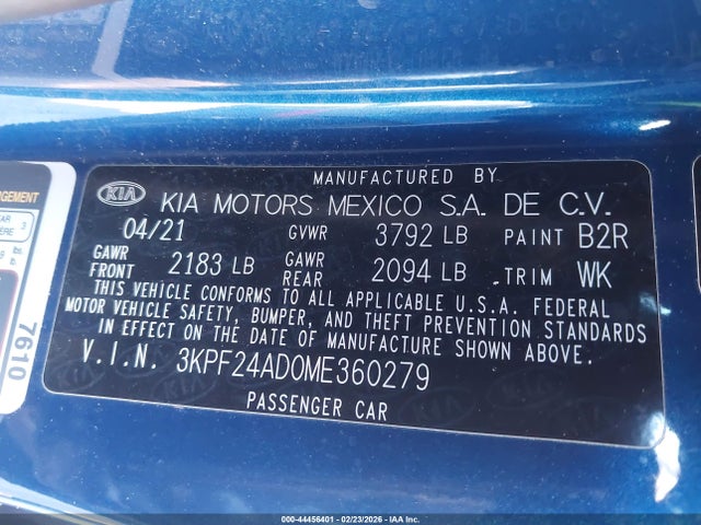 44456401 :رقم المزاد ، 3KPF24AD0ME360279 vin ، 2021 Kia Forte Lxs مزاد بيع