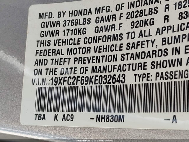 44456422 :رقم المزاد ، 19XFC2F69KE032643 vin ، 2019 Honda Civic Lx مزاد بيع