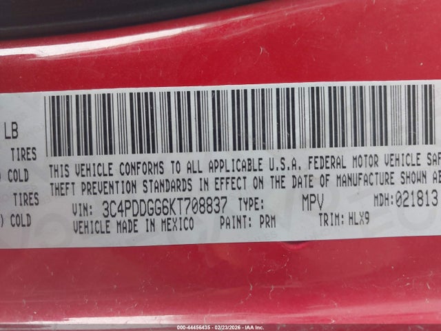 44456435 :رقم المزاد ، 3C4PDDGG6KT708837 vin ، 2019 Dodge Journey Crossroad Awd مزاد بيع