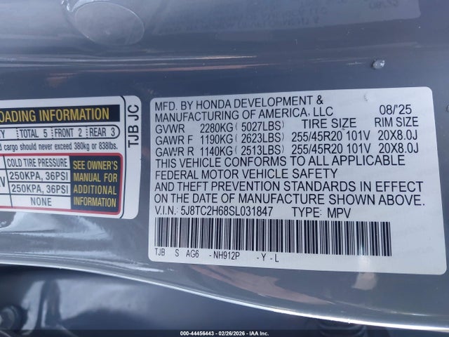 44456443 :رقم المزاد ، 5J8TC2H68SL031847 vin ، 2025 Acura Rdx A-spec Package مزاد بيع