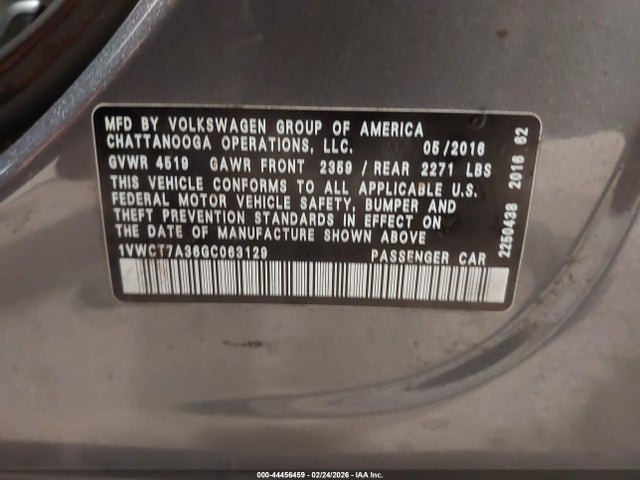 44456459 :رقم المزاد ، 1VWCT7A36GC063129 vin ، 2016 Volkswagen Passat 1.8t Sel مزاد بيع