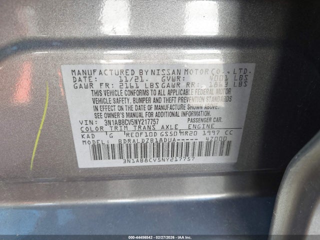 Продажа на аукционе авто 2022 Nissan Sentra Sv Xtronic Cvt, vin: 3N1AB8CV5NY217757, номер лота: 44456542