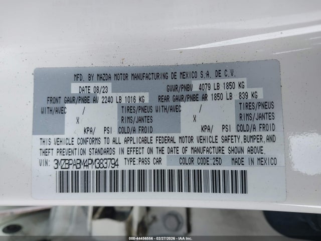 2023 Mazda Mazda3 2.5 S Select მანქანა იყიდება აუქციონზე, vin: 3MZBPABM4PM383794, აუქციონის ნომერი: 44456556