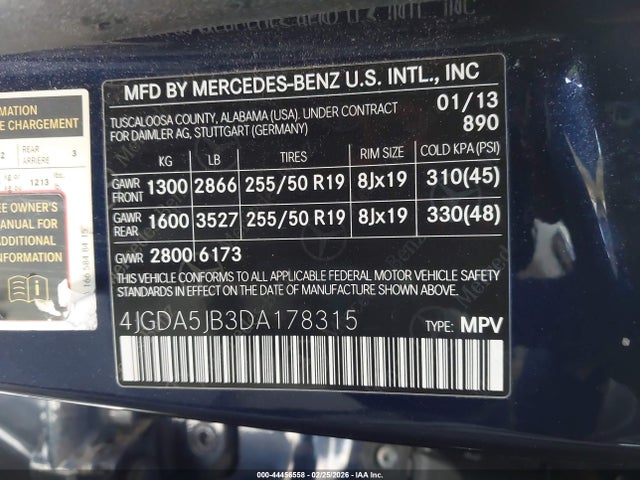 Aukcja sprzedaży 2013 Mercedes-benz Ml 350, vin: 4JGDA5JB3DA178315, numer aukcji: 44456558