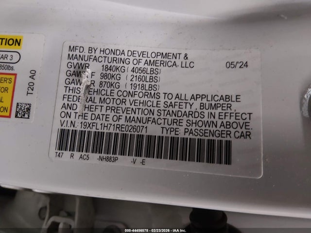 Auction sale of the 2024 Honda Civic Ex-l, vin: 19XFL1H71RE026071, lot number: 44456578