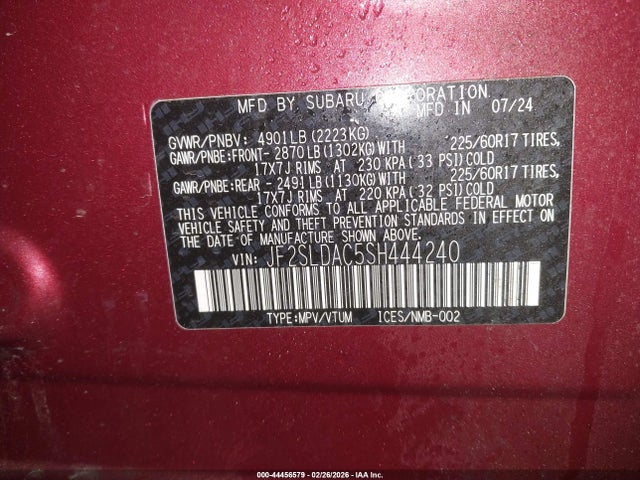 44456579 :رقم المزاد ، JF2SLDAC5SH444240 vin ، 2025 Subaru Forester مزاد بيع