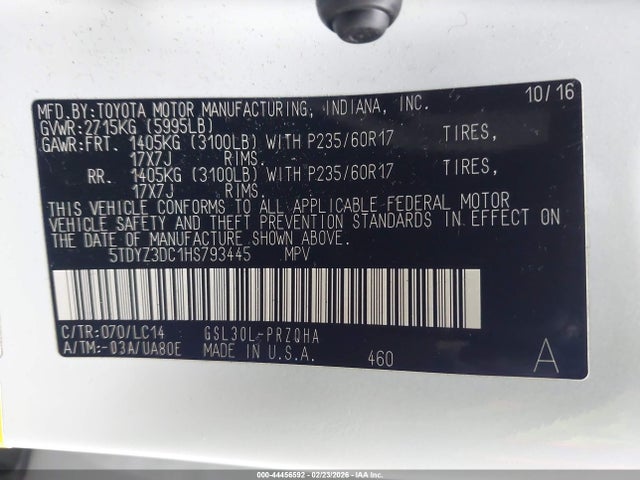 5TDYZ3DC1HS793445 Toyota Sienna Xle Premium 8 Passenger