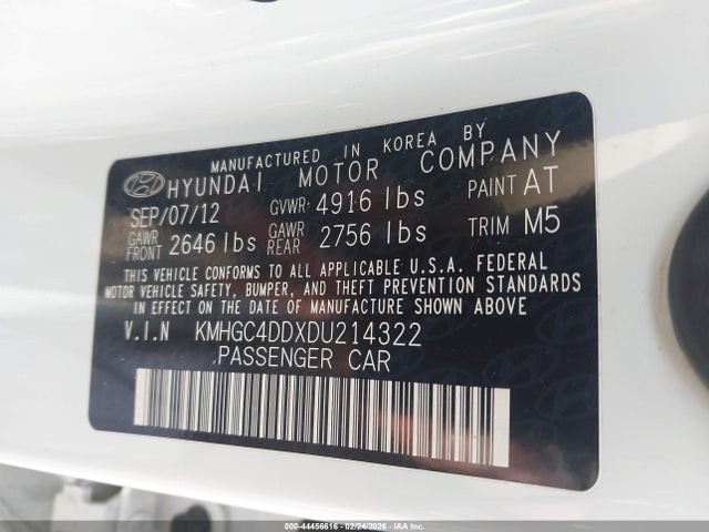 2013 Hyundai Genesis 3.8 მანქანა იყიდება აუქციონზე, vin: KMHGC4DDXDU214322, აუქციონის ნომერი: 44456616