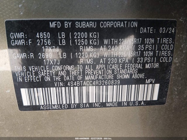 2024 Subaru Outback Premium მანქანა იყიდება აუქციონზე, vin: 4S4BTACC4R3260839, აუქციონის ნომერი: 44456650