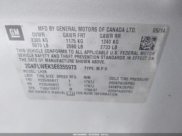 44456662 :رقم المزاد ، 2GKFLWEK3E6355973 vin ، 2014 Gmc Terrain Sle-2 مزاد بيع