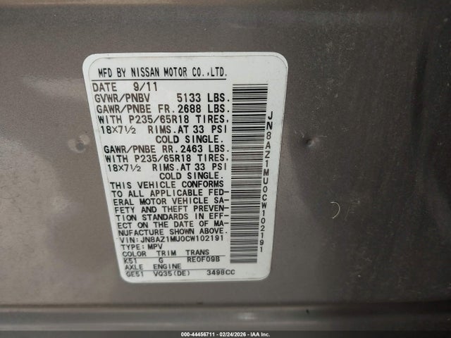 2012 Nissan Murano Sv მანქანა იყიდება აუქციონზე, vin: JN8AZ1MU0CW102191, აუქციონის ნომერი: 44456711