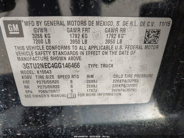 44456755 :رقم المزاد ، 3GTU2NEC4GG146466 vin ، 2016 Gmc Sierra 1500 Slt مزاد بيع