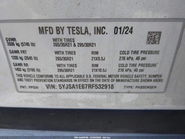 44456766 :رقم المزاد ، 5YJSA1E67RF532918 vin ، 2024 Tesla Model S Plaid Tri Motor All-wheel Drive مزاد بيع