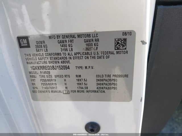Aukcja sprzedaży 2011 Gmc Acadia Slt-1, vin: 1GKKRRED3BJ152094, numer aukcji: 44456800