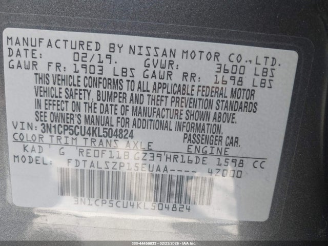 3N1CP5CU4KL504824 Nissan KICKS SV