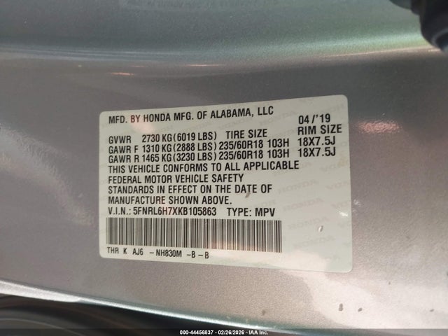 5FNRL6H7XKB105863 Honda Odyssey Ex-l