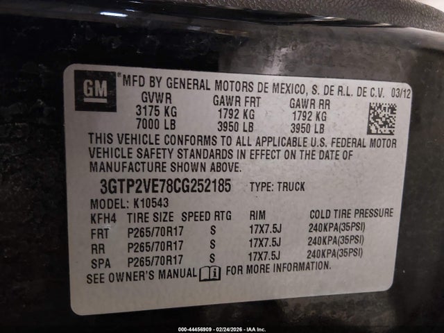 44456909 :رقم المزاد ، 3GTP2VE78CG252185 vin ، 2012 Gmc Sierra 1500 Sle مزاد بيع