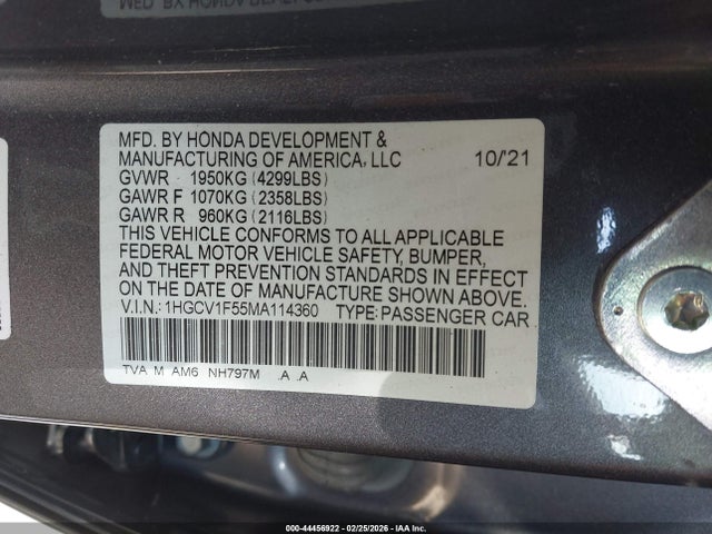 1HGCV1F55MA114360 Honda Accord Ex-l