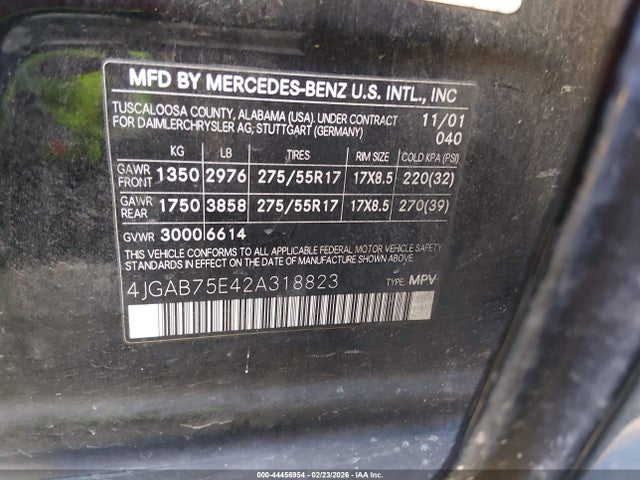44456954 :رقم المزاد ، 4JGAB75E42A318823 vin ، 2002 Mercedes-benz Ml 500 مزاد بيع