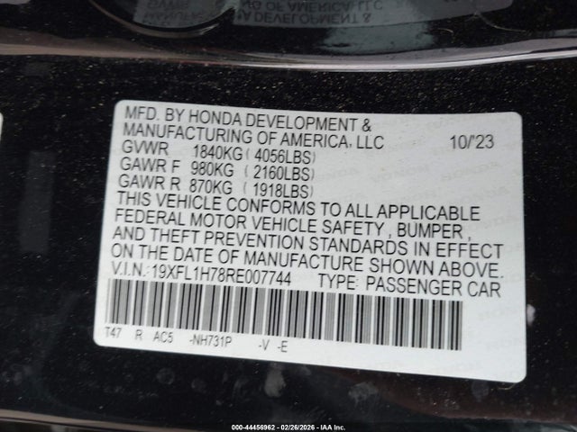 Aukcja sprzedaży 2024 Honda Civic Ex-l, vin: 19XFL1H78RE007744, numer aukcji: 44456962