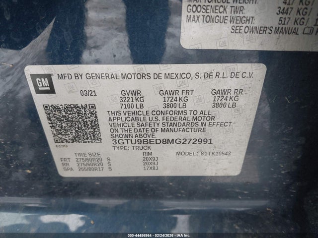 44456964 :رقم المزاد ، 3GTU9BED8MG272991 vin ، 2021 Gmc Sierra 1500 4wd  Short Box Sle مزاد بيع