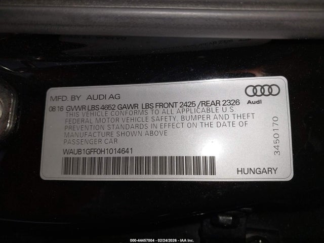 44457004 :رقم المزاد ، WAUB1GFF0H1014641 vin ، 2017 Audi S3 2.0t Premium Plus مزاد بيع
