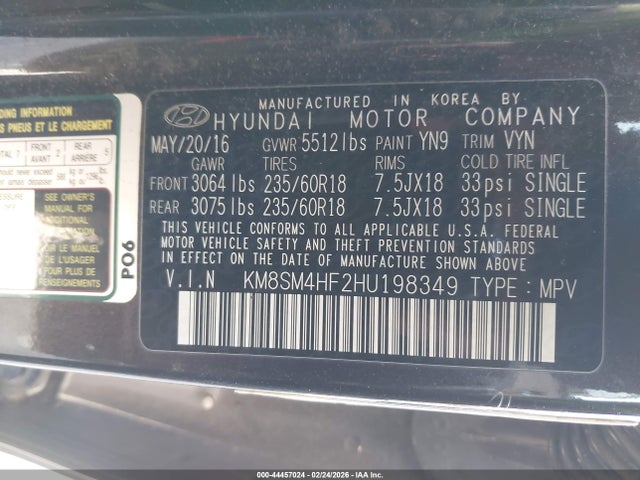 Продажа на аукционе авто 2017 Hyundai Santa Fe Se, vin: KM8SM4HF2HU198349, номер лота: 44457024