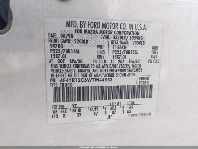 Продажа на аукционе авто 1998 Mazda B2500 Se/sx, vin: 4F4YR12C6WTM44553, номер лота: 44457060